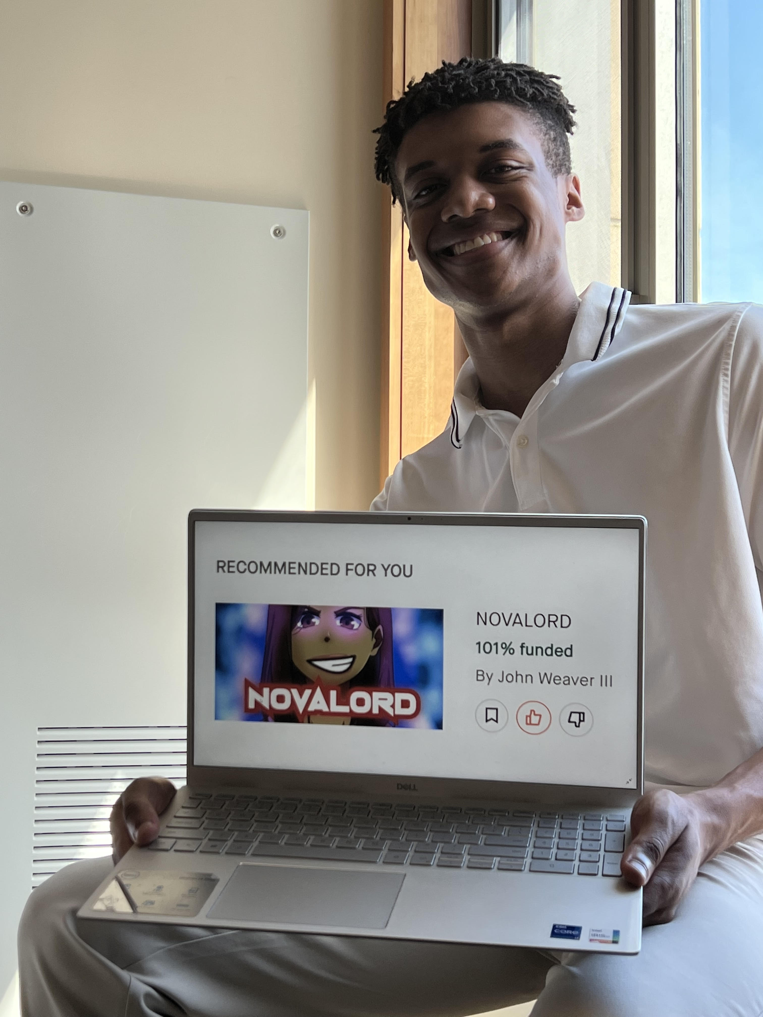 John celebrates as Novalord's Kickstarter surpasses its $35,000 funding goal.